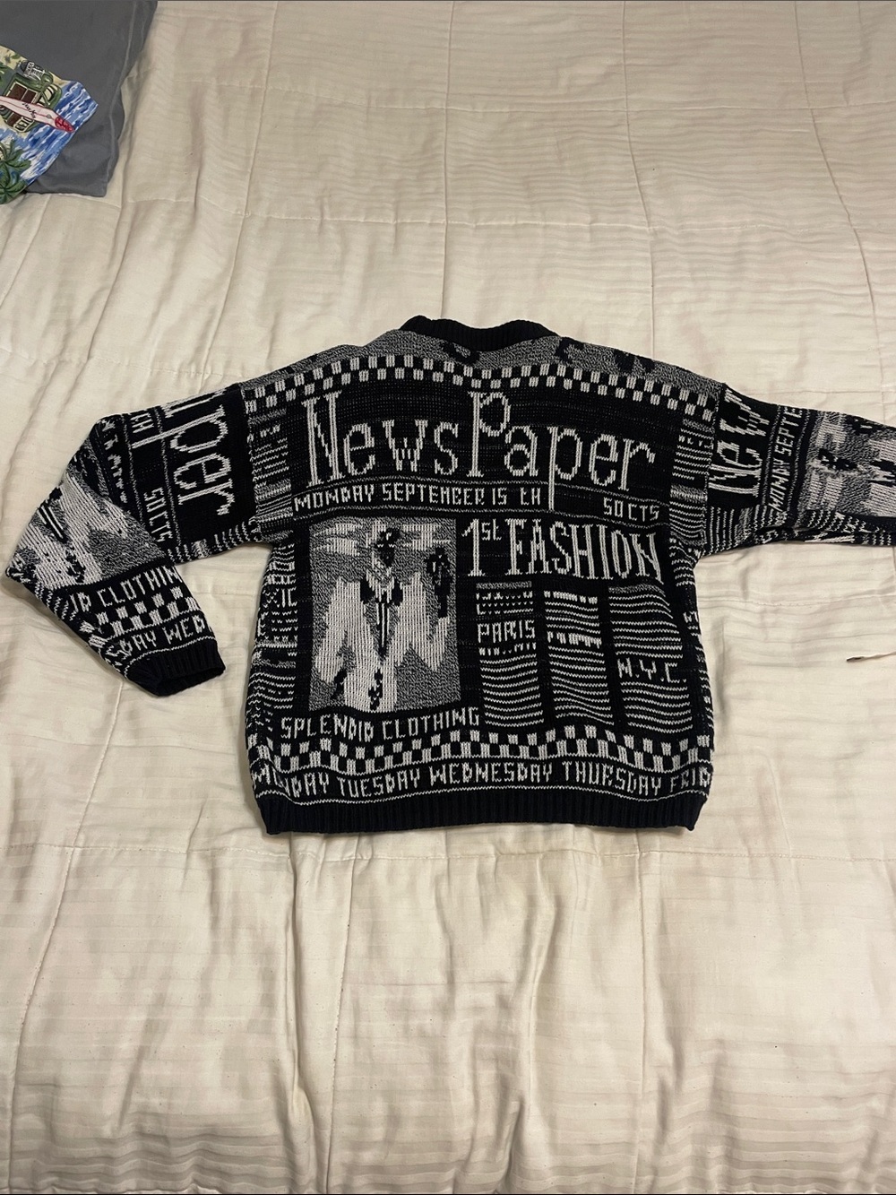 Women's Black & White Graphic 'Newspaper' Crewneck Sweater - Picture 5 of 7
